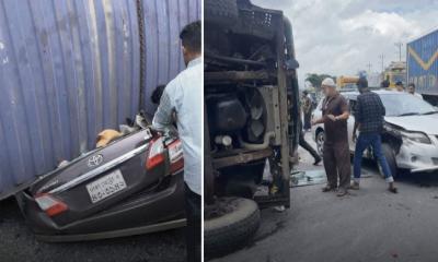 কাভার্ড ভ্যান উল্টে পড়ল প্রাইভেট কারের ওপর, নিহত ৪