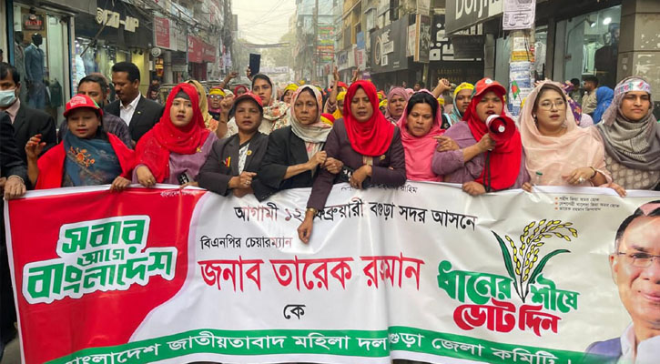 শেষ দিনে বগুড়ায় তারেক রহমানের আসনে ধানের শীষের পক্ষে মহিলা দলের মিছিল