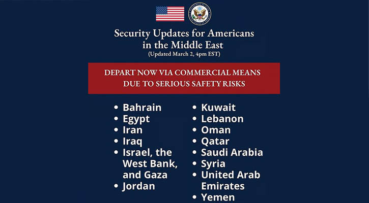 মার্কিন নাগরিকদের এখনই মধ্যপ্রাচ্যের কয়েকটি দেশ ছাড়ার নির্দেশনা